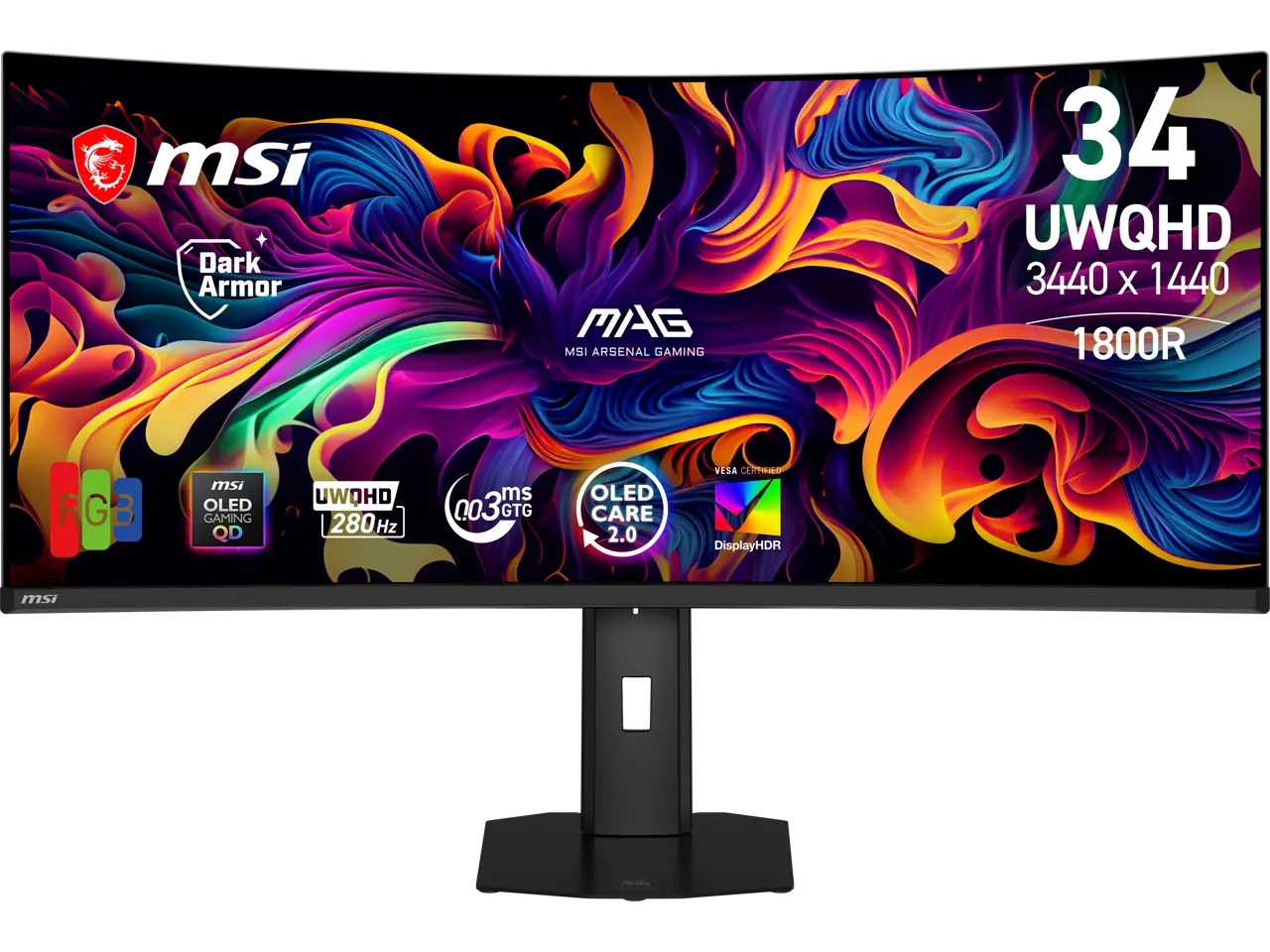 MSI 34 inch UltraWide QHD 2K 1440P 280Hz AMD FreeSync Premium Pro & G-Sync Compatible Curved OLED Gaming Computer Monitor with Height Adjustable, Swivel, Pivot & Tilt Stand MAG 341CQP QD-OLED X28