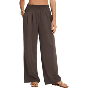 Womens Elastic High Waisted Palazzo Pants Casual Wide Leg Long Beach Vacation Trousers with Pockets