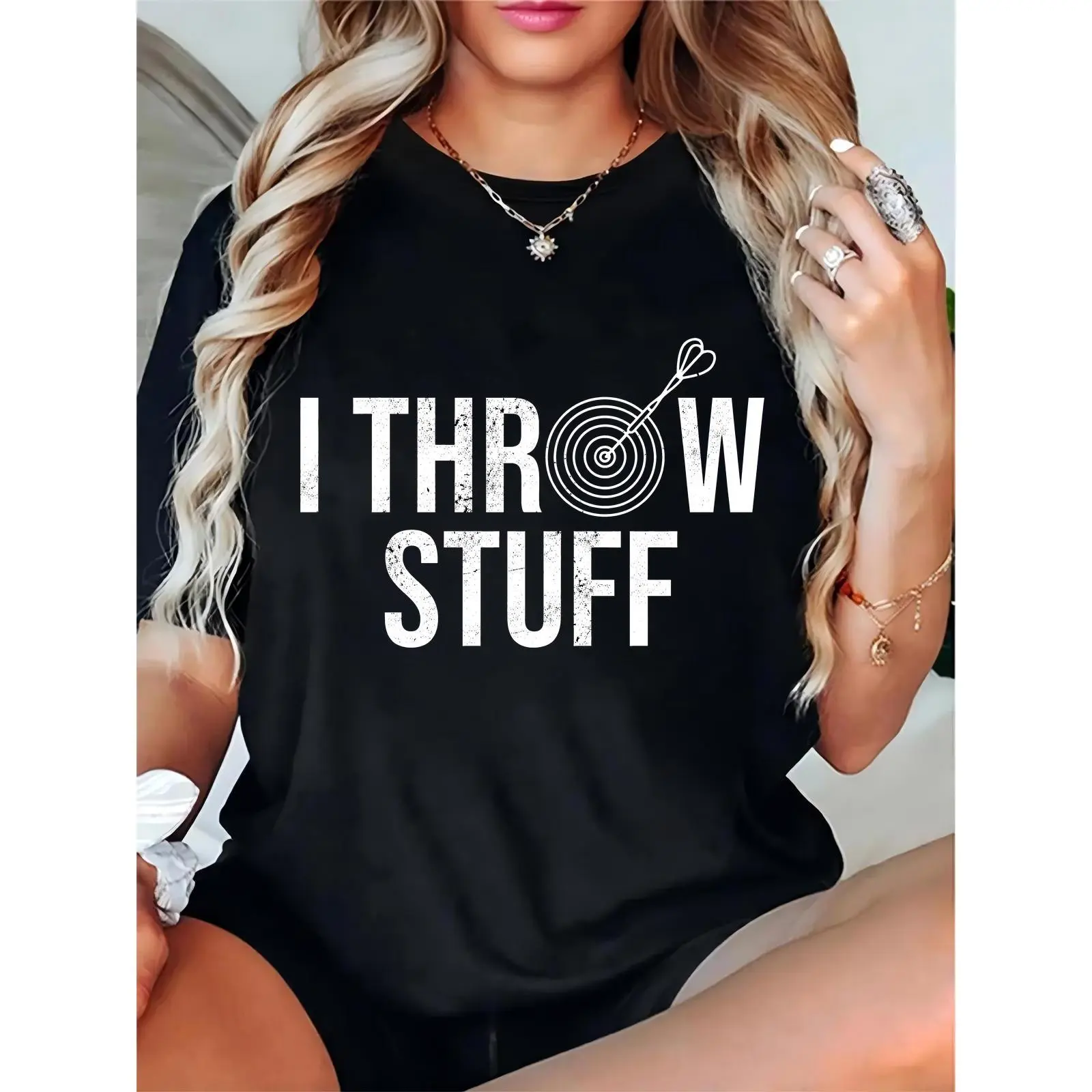 Women's Graphic T-Shirt with Funny 'I Throw Stuff' Dart Print, Casual Short Sleeve Round Neck Cotton Tee for Game Nights, Skirts, Day, Basic, Comfortable