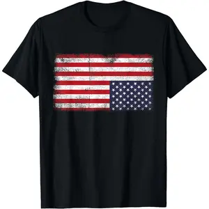 Upside Down American Flag Distress United States USA Graphic Print Shortsleeve Cotton T-Shirt