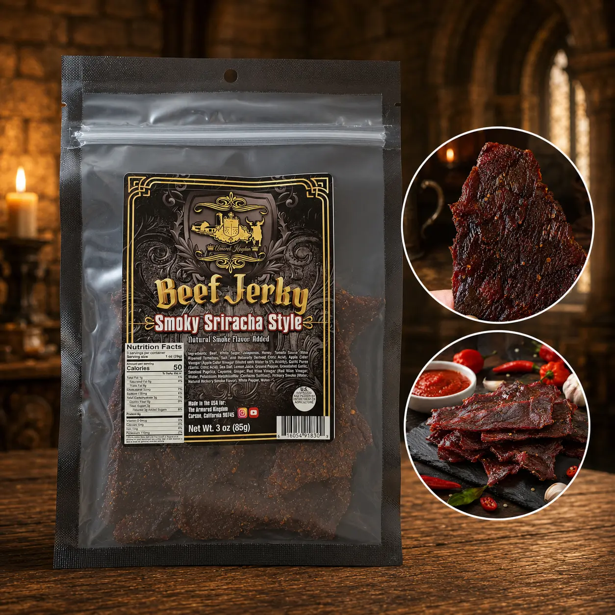 The Armored Kingdom Gourmet Smoky Sriracha Style Beef Jerky-3 oz Premium Beef Cuts-Bold Fiery-Protein Packed