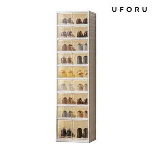 UFORU folding shoe rack, magnetic transparent door shoe cabinet, 9-layer storage for 18 pairs of shoes, simple design, large capacity, sturdy, stackable plastic shoe cabinet, space saving, no installation required#SummerWins#DFYD