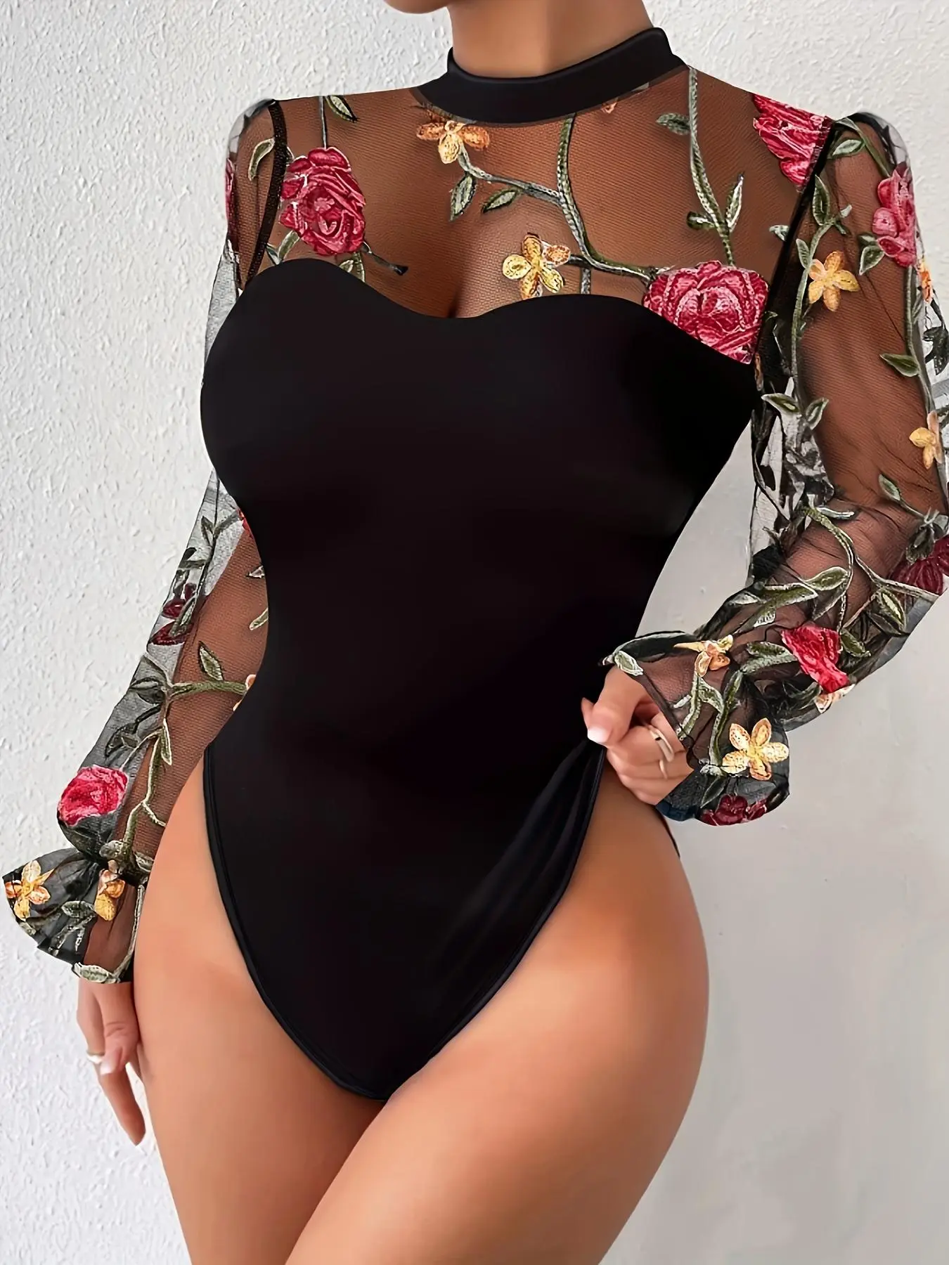 Women's Floral Embroidery Sheer Contrast Mesh Flounce Sleeve Bodysuit, Mock Neck Longsleeves Bodycon Bodysuit for Vacation Holiday, Ladies Spring & Fall Clothes, Womenswear, Fashionable Bodysuits, Going out bodysuit