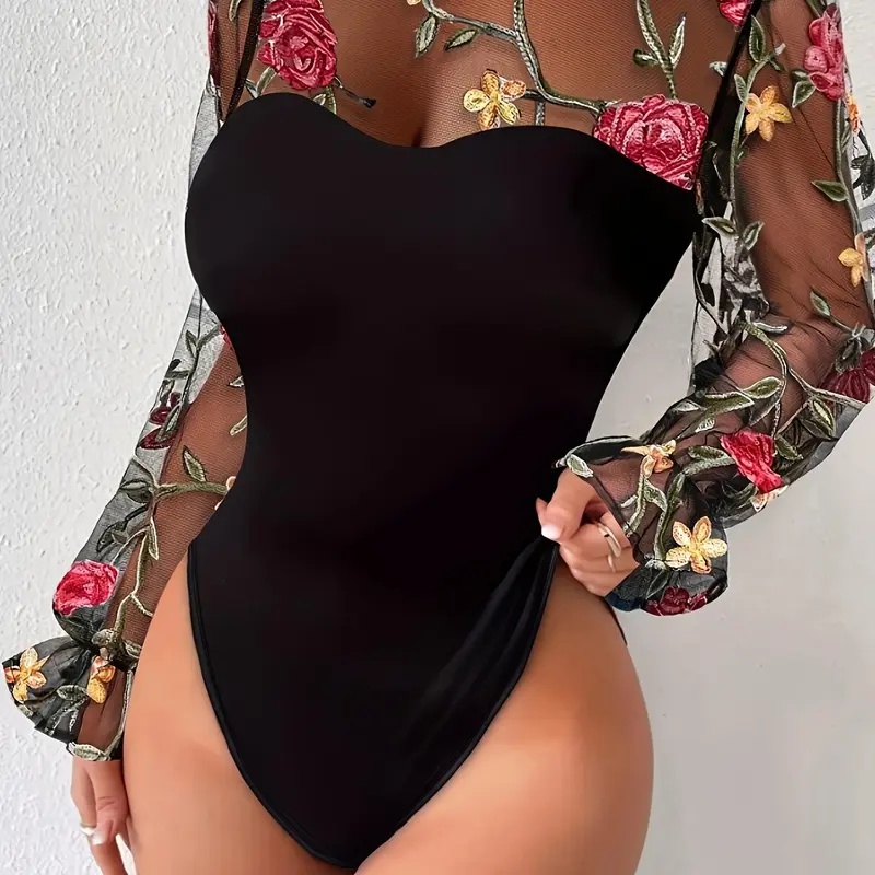 Women's Floral Embroidery Sheer Contrast Mesh Flounce Sleeve Bodysuit, Mock Neck Longsleeves Bodycon for Vacation Holiday, Ladies Spring & Fall Clothes, Womenswear, Going out bodysuit, Fashion Bodysuit