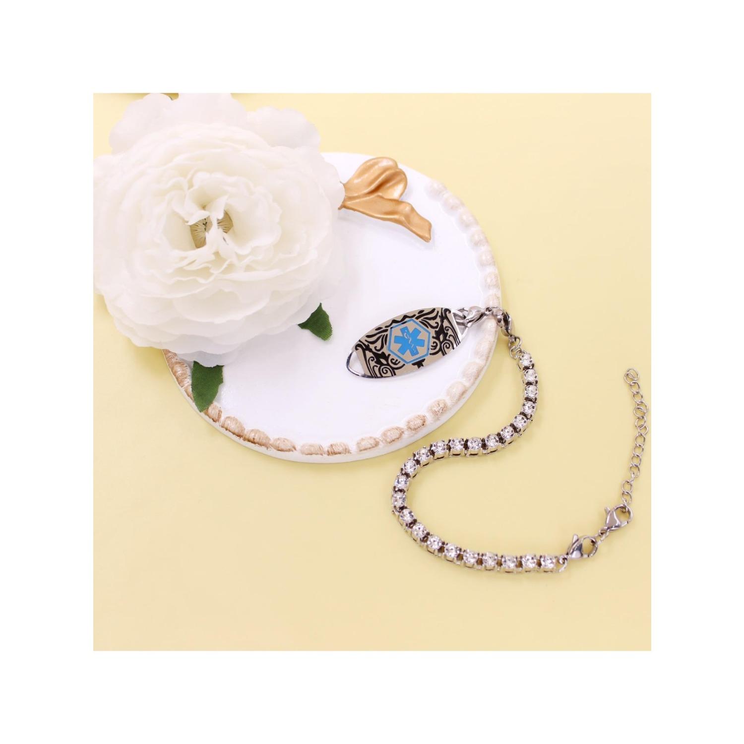 Dynamic QR Code Medical Alert Tennis Bracelet - Stainless Steel - Rhinestone Inlaid, Interchangeable Tag, Dual Lobster Clasps & Extender, Scan to Update Health/Allergy/Emergency Info, Fashion Medical ID Bracelet