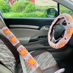 Crochet Car Steering Wheel Cover & Seat Belt Cover, Car Interior Decoration, Car Accessories for Women, Car Decoration Accessories, Car Interior Accessory