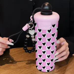 600ML Insulated Cup with Beaded Bracelet, Plaid Heart Pattern Stainless Steel Mug, Leak-Proof Durable Coffee Travel Cup, Travel Tumbler, Drinkware