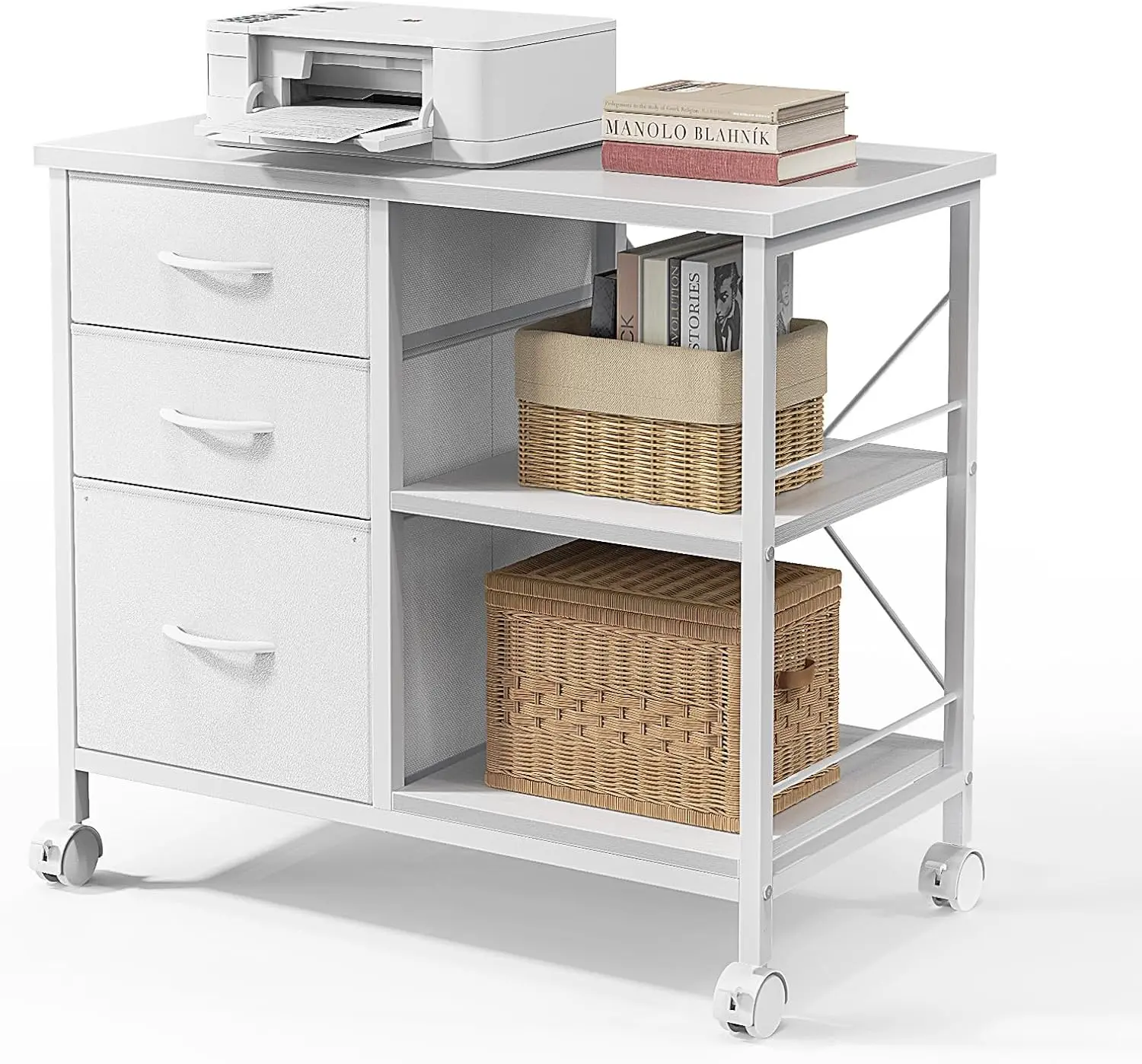 3-Tier Mobile File Cabinet & Printer Stand - Heavy-Duty Rolling Storage Desk with Drawers, Back Support Bar - Holds 110lbs for Home Office