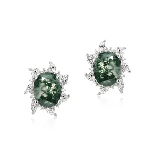 Trendy Sterling Silver White Women's Earring Jewelry Cubic Zirconia Sun Flower Natural Moss Agate Earring