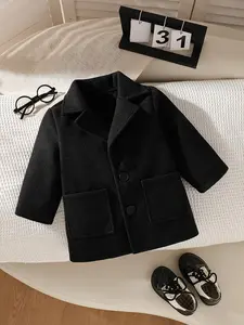 Baby boy clothes, baby boy winter black textured lapel jacket, Solid color coat, double button+three-dimensional patch pocket design, Easter gift, suitable for holiday outings, kindergarten dressing, formal small occasion styling, baby products