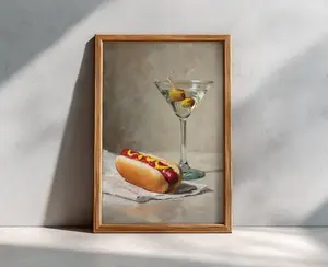 Hot Dog and Dirty Martini Poster, Food and Drink Art, Oil Painting, Housewarming, Cocktail Cart Decor, Fast Food, Gif for Him - No FrameNO FRAME