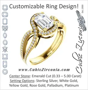 Cubic Zirconia Engagement Ring- The Goldie (Customizable Emerald Cut Center with Twisty Split-Pavé Band and Artisan Halo)