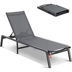 VEVOR Chaise Lounge Chair Outdoor, Aluminum Patio Lounge Chairs with Adjustable 5-Position, Folding Pool Chair Recliner and Full Flat Tanning Chairs for Patio, Beach, Pool, Dark Grey