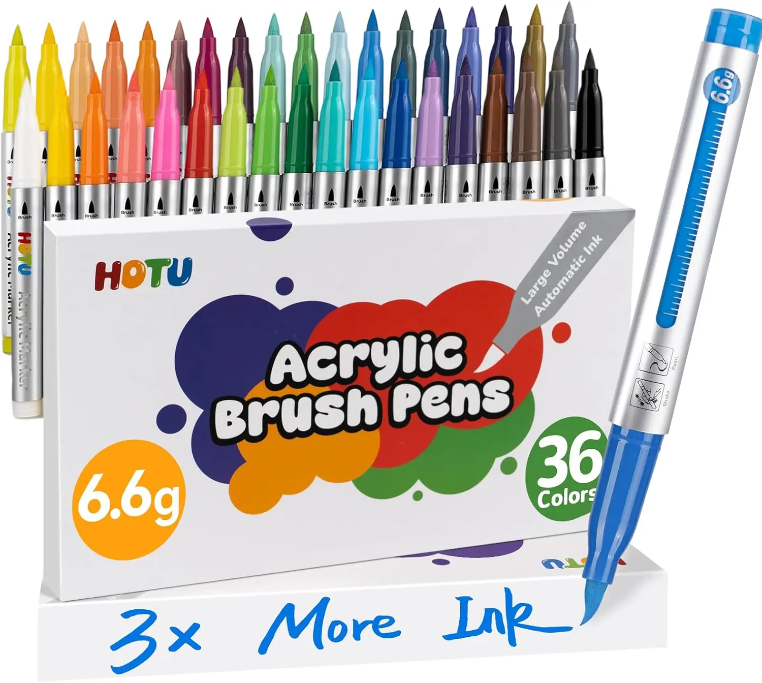 HOTU Long Lasting Acrylic Paint Markers Brush Tip 36 Colors, Automatic Ink Control Acrylic Markers for Adults Coloring Book No bleeding, Paint Pens for Rock Painting Fabric Wood Eggs DIY Crafts