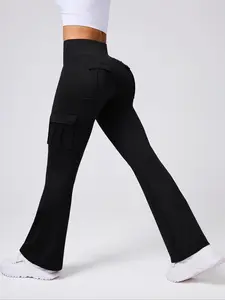 Women's Casual Fitted Pockets Flare Leg Pants, Comfy Bell Bottom Casual Fashion Trousers for Daily Wear, Ladies Bottoms for All Seasons