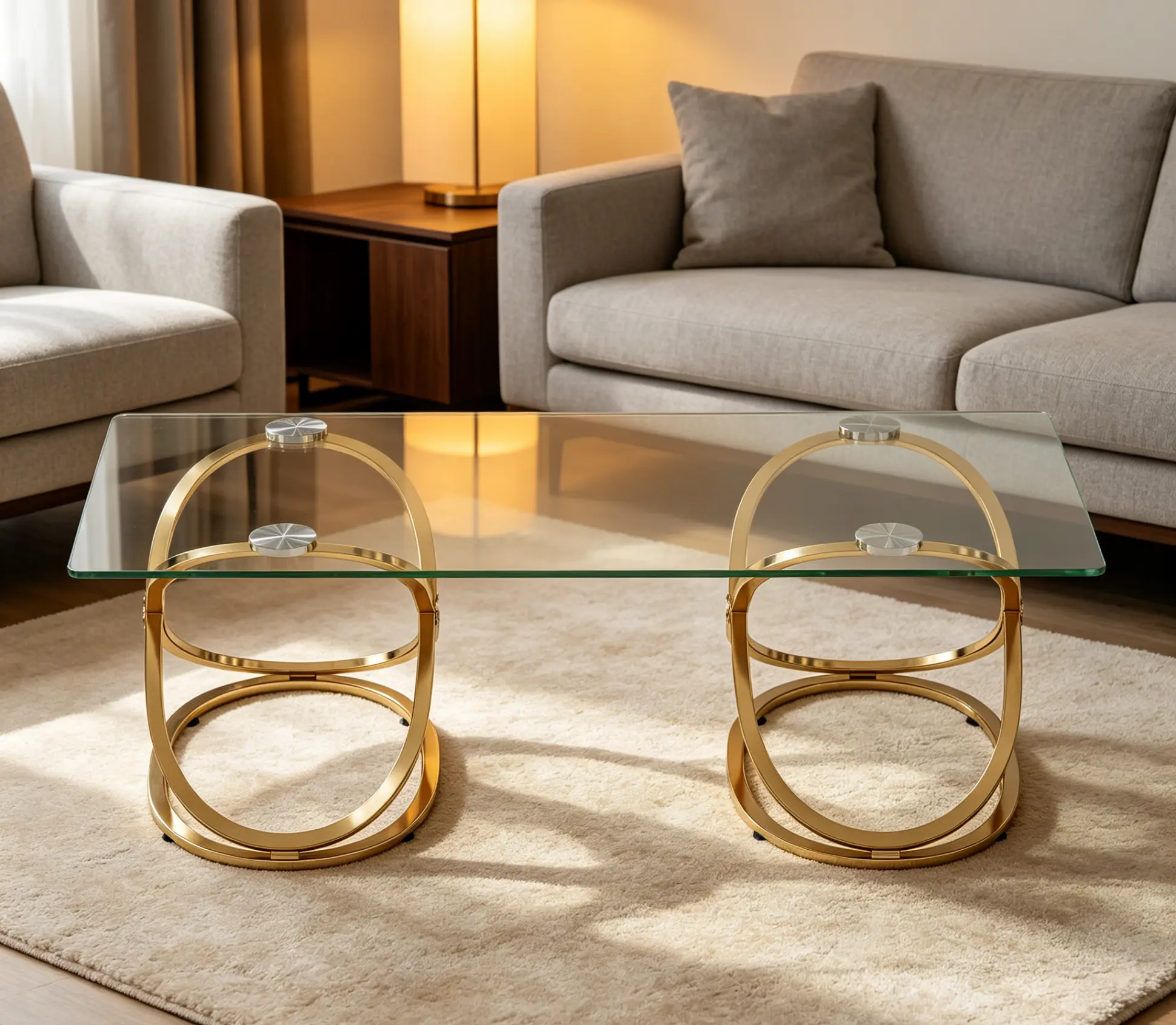 Minimalist Gray Dual-Layer Metal Center Coffee Table - Chrome & Glass Accents, Tempered Glass Top, Storage, Load-Bearing, Outdoor-Ready, Living Room Tables, Patio Furniture