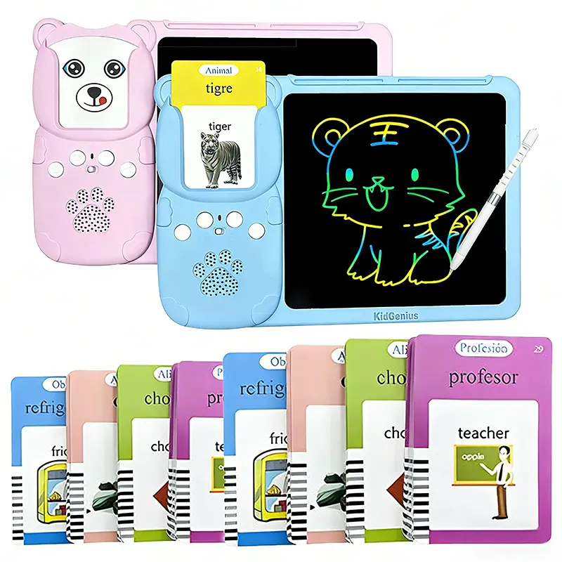 KIDGENIUS 2 in 1 Kids Talking Flash Cards with LCD Writing Tablet Bilingual Flashcard Reader for English and Spanish Language Learning Interactive Educational Toy for Children Aged 2 to 6 Years Old