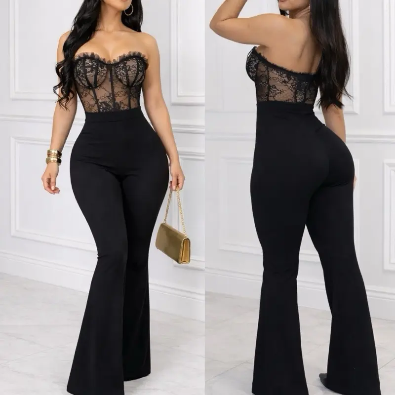 Lady's Elegant Corset-Style Jumpsuit Overalls, Solid Sleeveless Wide Leg Party Outfit with Lace Up Waist Cinch, Elegance, Corset-Style Design, Clothes, Regular Sizes
