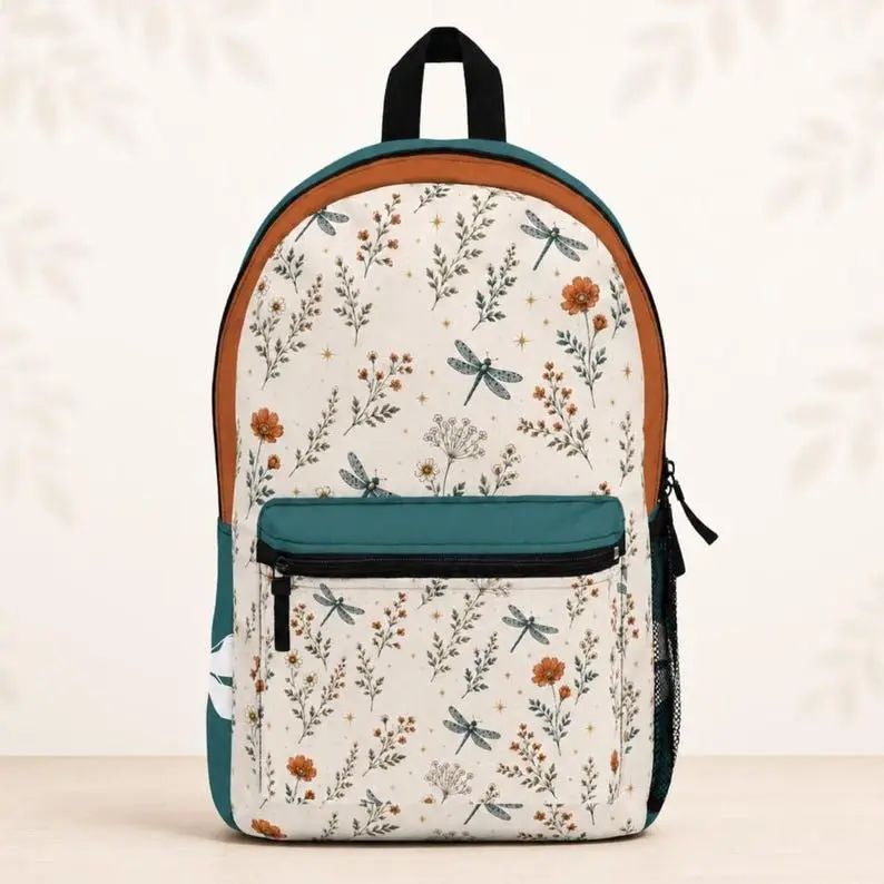 Cottagecore Dragonfly Floral Backpack - Lightweight Polyester School Bag with Strong Adjustable Shoulder Straps, Name Tag, Roomy Size, Nature Travel Gift for Collectors