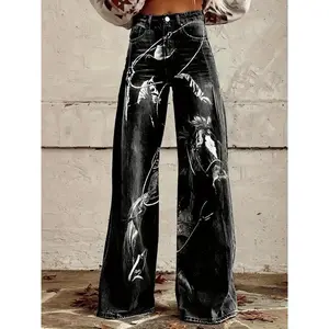 Western Cowboy Horse Print High-Waisted Wide-Leg Jeans - Floor-Length Draped Pants with White Horse & Cowboy Motif, Beltless Button Closure, Trousers for Rodeo, Western Parties & Casual Wear (Machine Washable)