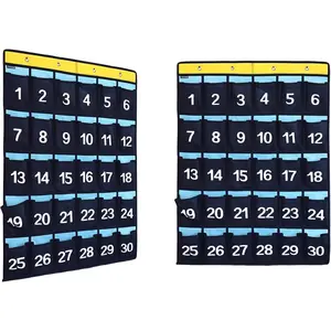 2 Pack Numbered Classroom Phone Organizer Calculator Holder Storage Over Door Hanging School Pocket Chart with 30 Pockets (Blue)