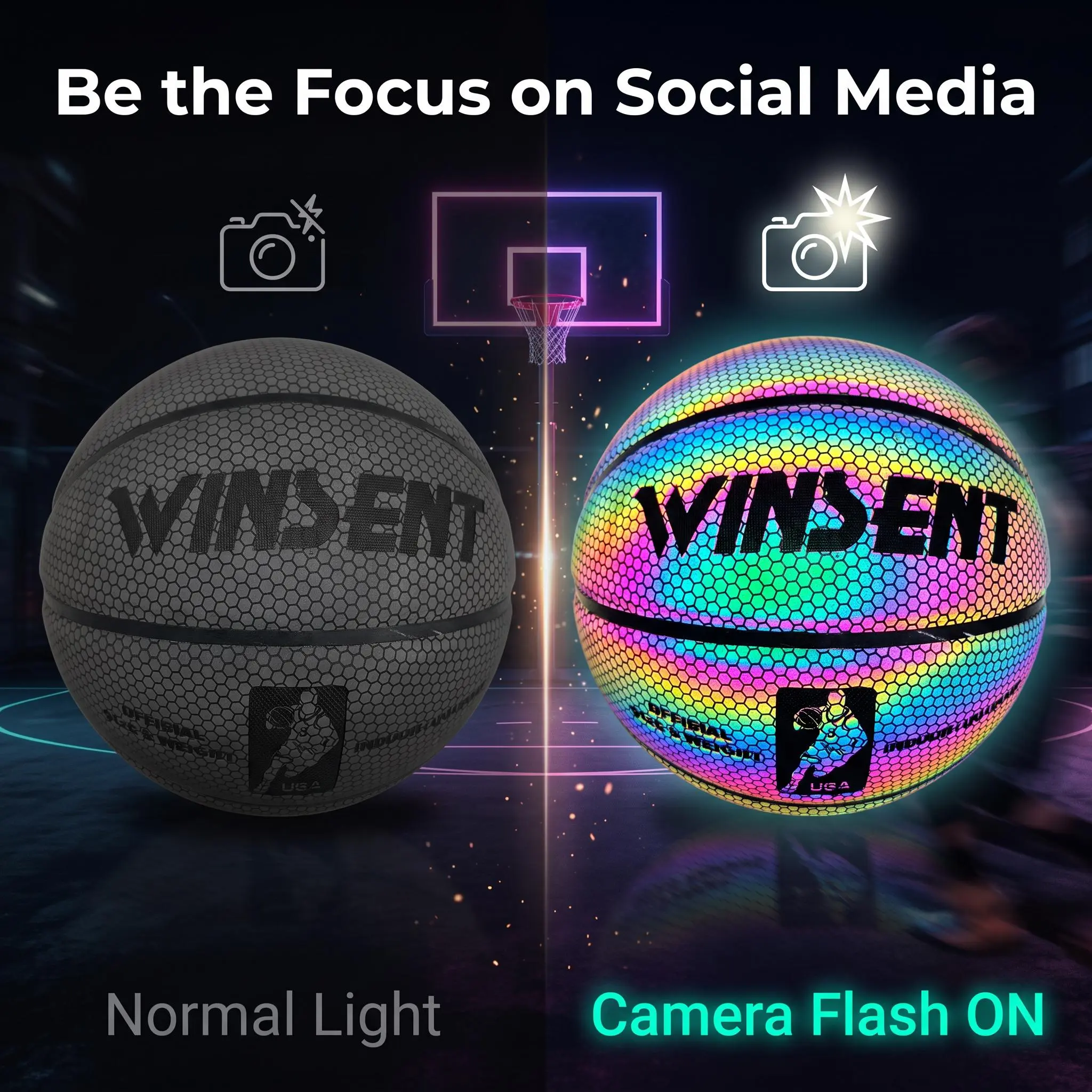 Holographic Reflective Size 7 Basketball, Flash Light Reflecting Glow Basketball, Premium Composite Leather Street Basketball, Official Adult Basketball, Indoor Outdoor Training Basketball, Unique Gift Choice for Basketball Lovers