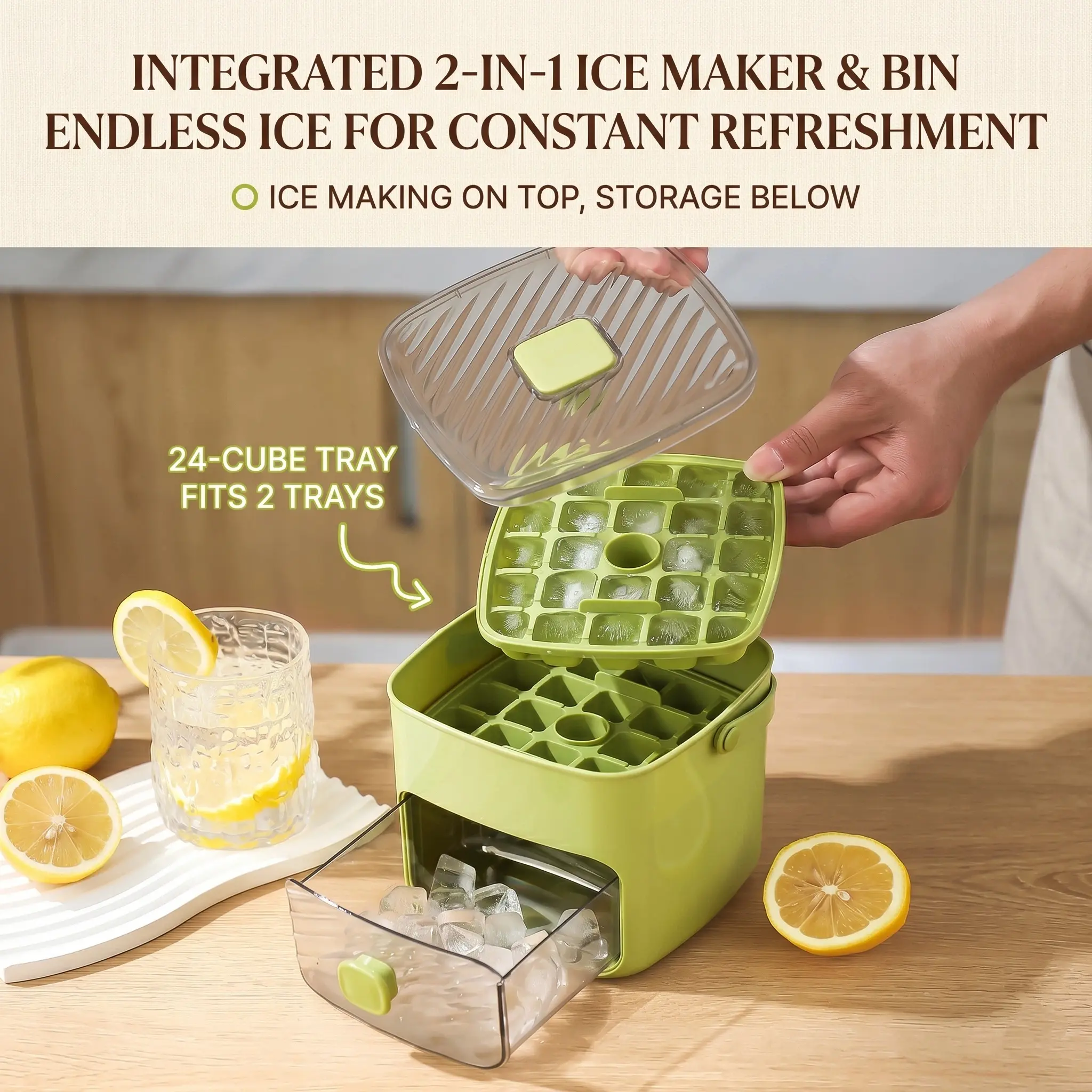 Press-Type Ice Cube Tray with Handheld Storage Bucket, 48-Cell Large Capacity Food-Grade Ice Mold Maker, Easy One-Touch Release Ice Cube Tray with Lid & Tongs for Freezer, Iced Coffee, Cocktails & Drinks