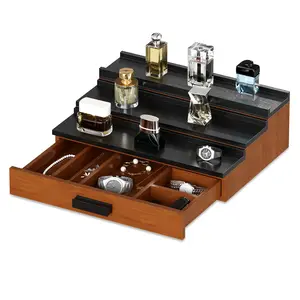 Men’s Cologne Organizer – 3-Tier Wooden Perfume Display Stand with Drawer & Hidden Compartment, Black Fragrance Storage for Dresser, Perfect Gift for Him