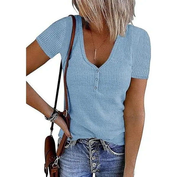 MEROKEETY Women's Minimalist Summer Short-Sleeve V-Neck Ribbed Henley Knit T-Shirt - Breathable, Stretchy, Lightweight Button Casual Cute Top