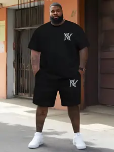 Men's Plus Size 3D Digital Print Aesthetic Fashion Set, Round Neck T-Shirt and Pocket Shorts, Loose-Fitting Short Sleeve Casual Wear