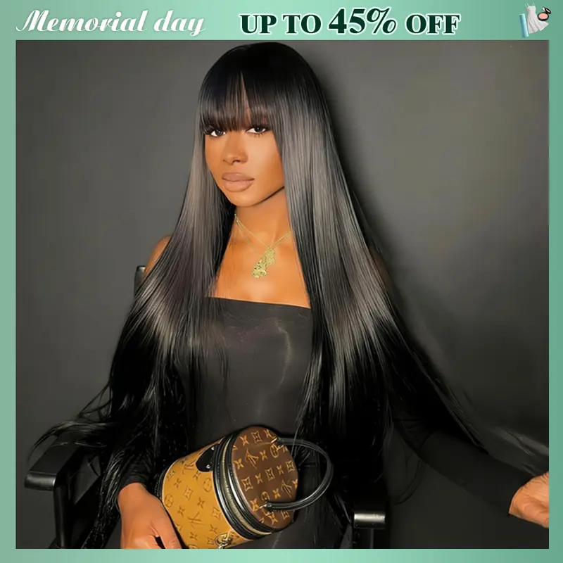 Straight Human Hair Wig with Bangs Glueless 180% Density 2x4 HD Lace Closure Glueless Human Hair Wigs with Bangs for Black Women Straight  main image 3