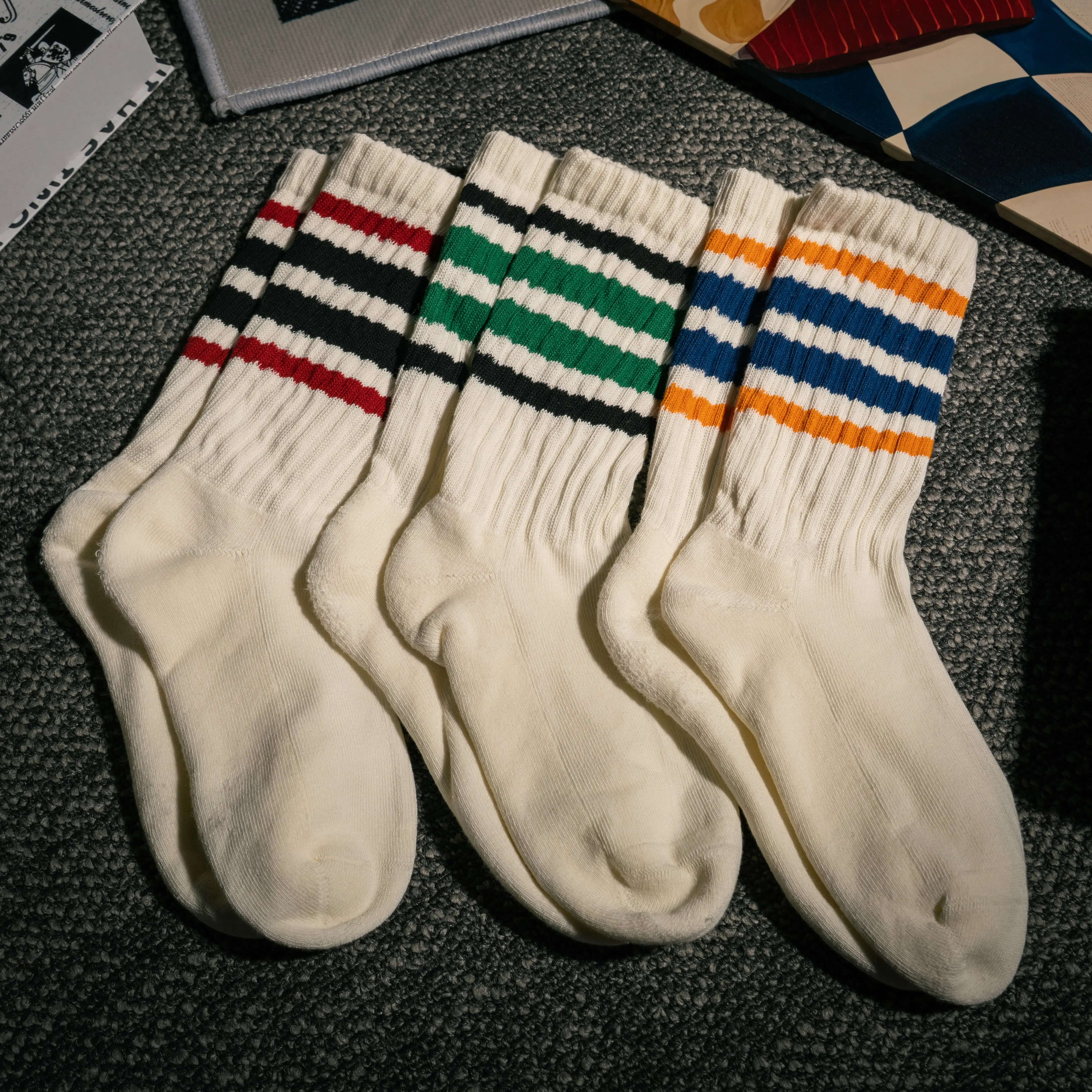 BomKinta Multi-Color 4-Stripe Vintage Crew Socks, Unisex Cream Off White Ribbed Mid Calf Cotton Socks, Preppy Casual Athletic Socks for Men Women Teens School Daily Outfits
