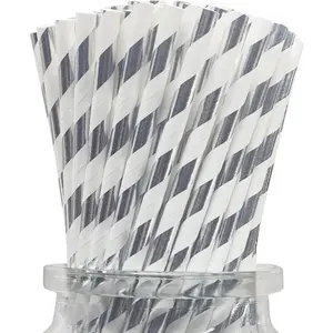Disposable  and White Striped Paper Straws, 100 Pack Foil Metallic  Drinking Straw for Birthday Wedding  Party Decoration