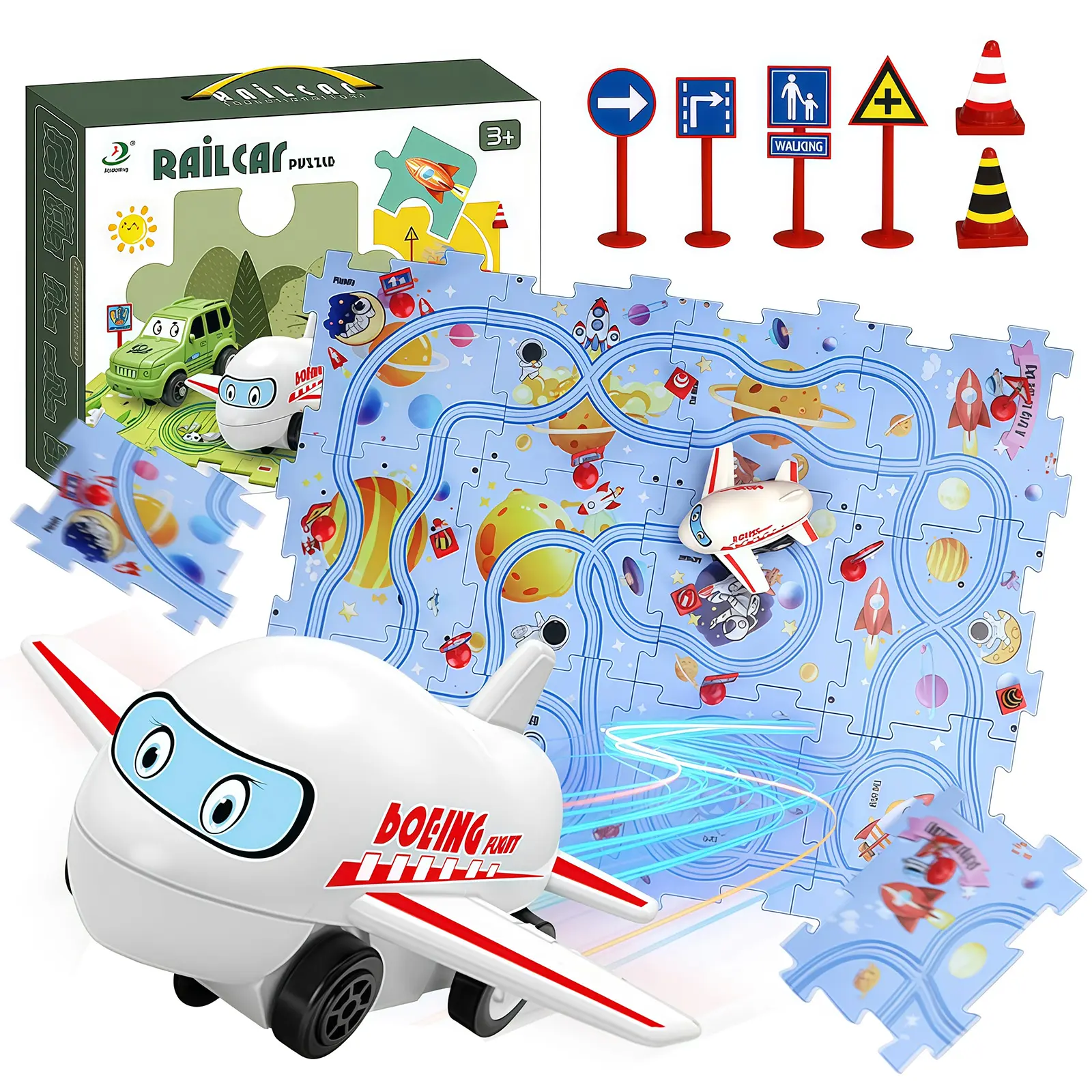 25 PCS Puzzle Racer Kids Car Track Set , Space Jigsaw Puzzle Racer Car Track Set Puzzle Track Car Play Set Preschool Gifts for Kids Gift for Boys Girls