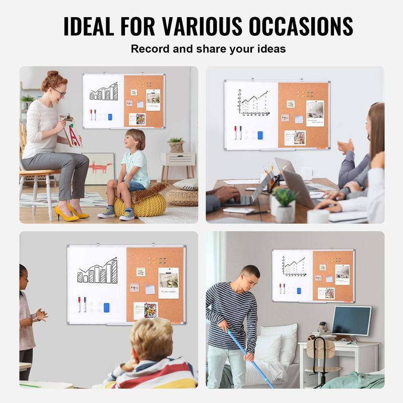 VEVOR 36"x 24" Whiteboard & Cork Board Combo with Aluminum Frame – 2-in-1 Magnetic Dry Erase Bulletin Board for Wall Mount – Ideal for School,  , Home, Office