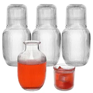 1/2/4 Set Bedside Water Carafe With Tumbler, 20.3 oz Vintage Glass Water Pitcher with Tumbler, European Embossed Texture, Mouthwash Decanter, Water Pitcher for Bedside, Home, Kitchen, Drinking Glassware, Stylish Drinkware