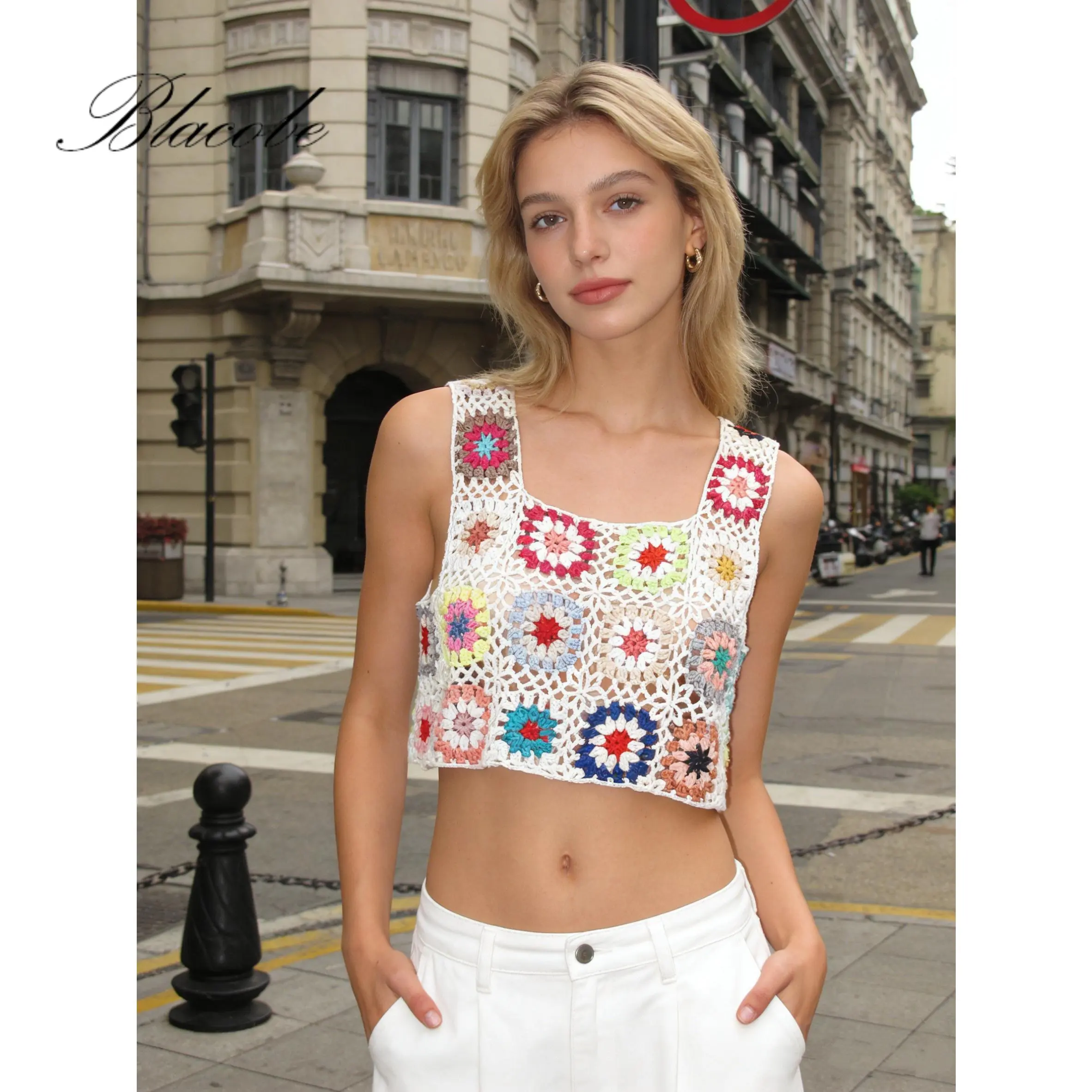 Sleeveless Top Vacation Beach Party Boho Colorful Hand Crochet Embroidery Openwork Knit Tank Top Casual Date Night Top for Women