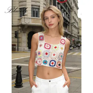 Sleeveless Top Vacation Beach Party Boho Colorful Hand Crochet Embroidery Openwork Knit Tank Top Casual Date Night Top for Women