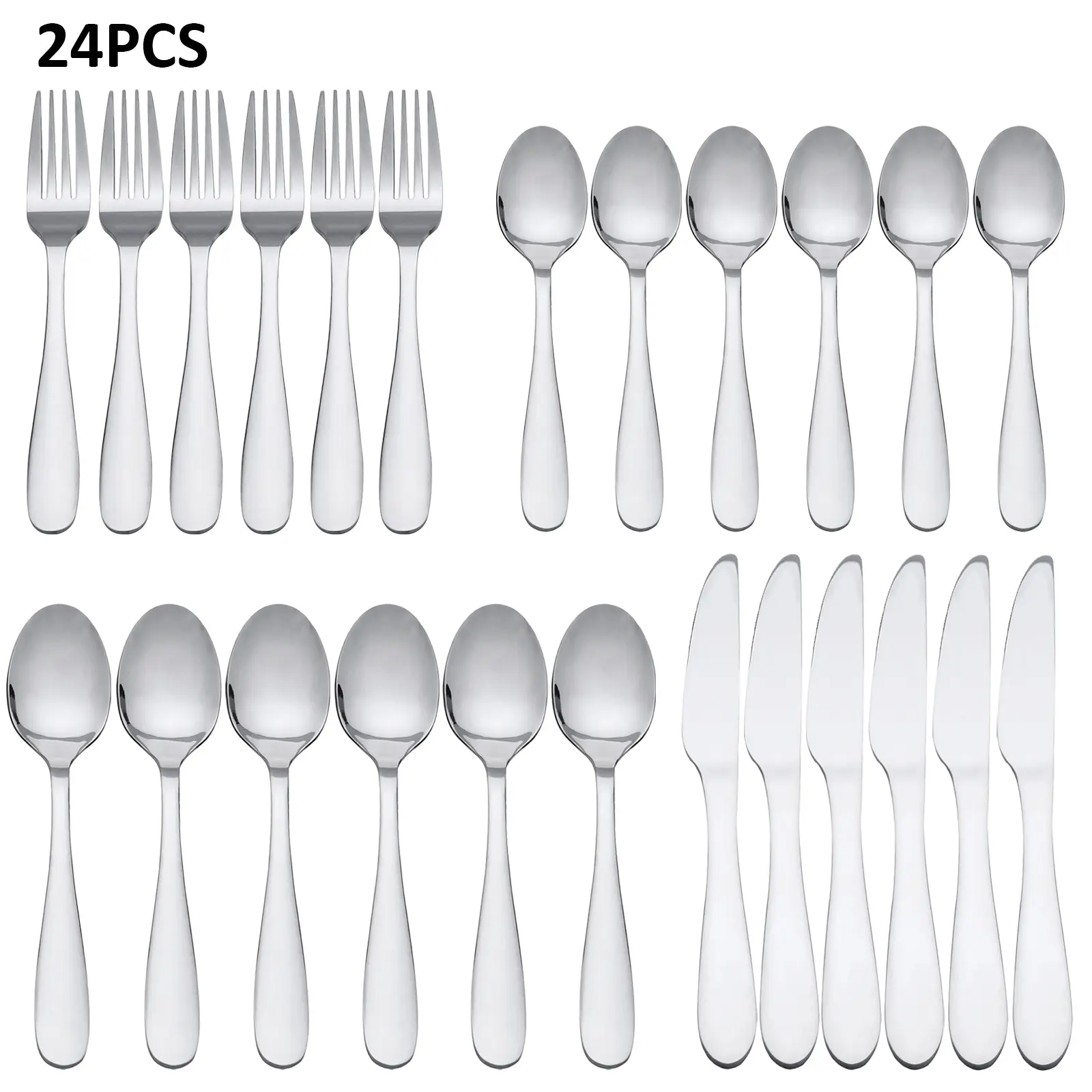 24PCS Stainless Steel Dinnerware Service Set - Service for 6, Smooth Rounded Handle, Mirror Polished Plain Cutlery, Dishwasher Safe Tableware Kit for Home, Party