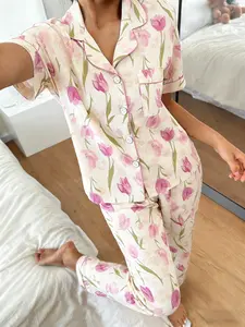 Women's Short Sleeve Long Pants Pajama Set, Watercolor Tulip Print, Soft Breathable Home Wear, Casual Loose Fit, All Seasons