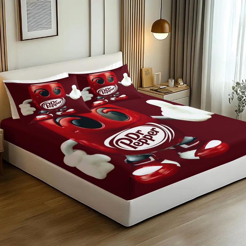 Dr Pepper Brand Theme Fitted Sheet Set, Red Humanoid Fun Drink Can, Soft Skin-Friendly Dustproof Anti-Wrinkle, Trendy Bedroom Decor for Brand Lovers, Include 1 Fitted Sheet & 2 Pillowcase without Core
