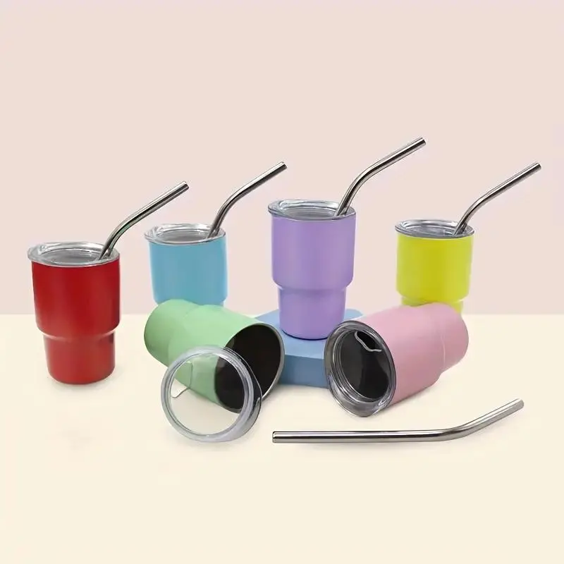 Tumbler Design Shot Cups, 3oz Stainless Steel Shot Glasses with Lids & Straws, Insulated Drinking Cups Set, Stainless Steel Drinkware for Bar, Pub, Club, Restaurant, Home, Stainless Steel Tumblers