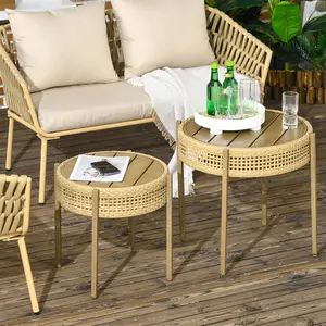 PE Wicker Patio End Table Set: Our 2 round rattan side tables are stylish accent that are easily incorporated in indoor spaces like the living room or sunroom as a coffee table, or outdoor spaces like the balcony, garden or porch next to patio furniture