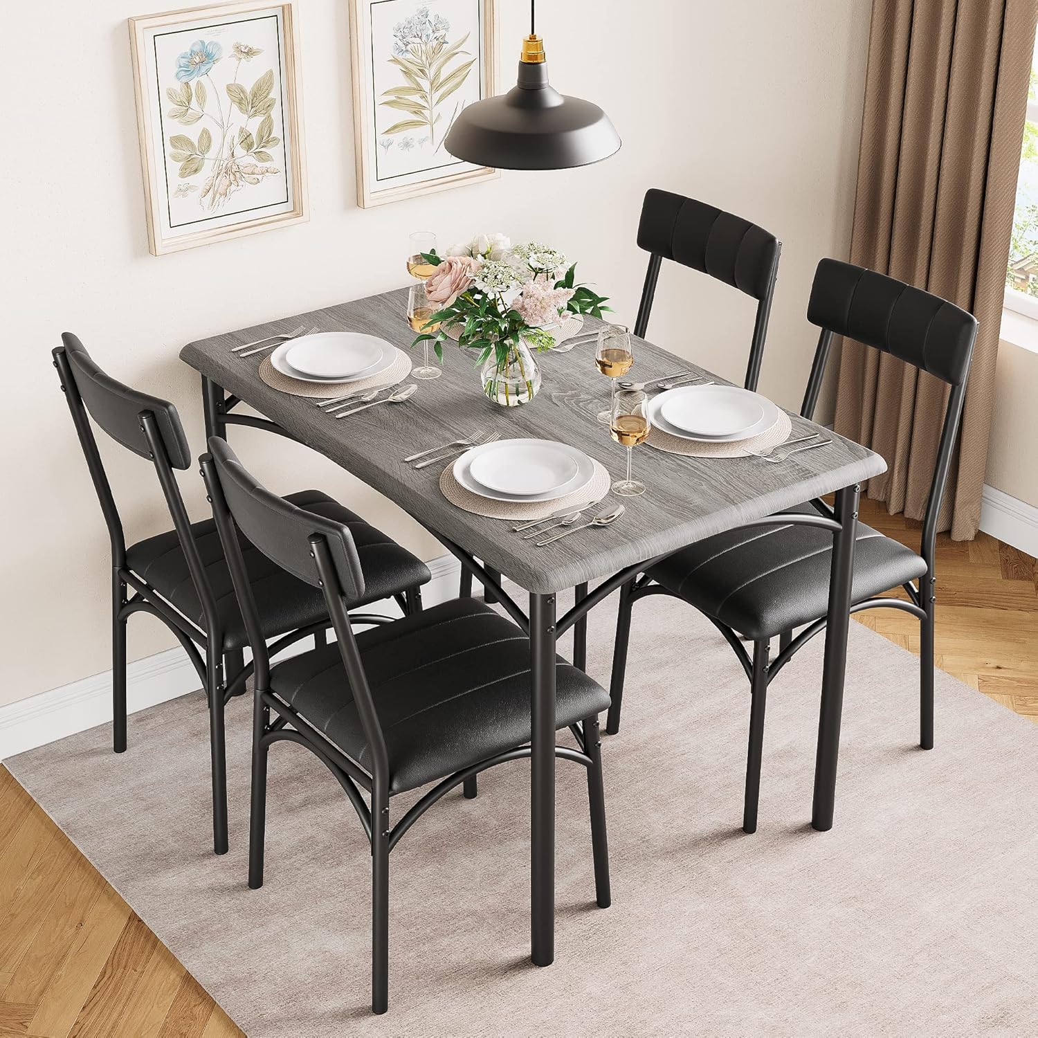 5-Piece Dining Table Set for 4, Modern Farmhouse Kitchen Table with 4 Upholstered Chairs, Space-Saving Dinette for Small Dining Room, Apartment, Breakfast Nook 5-Piece Dining Table Set for 4, Modern Farmhouse Kitchen Table with 4 Upholstered Chairs, Space-Saving Dinette for Small Dining Room, Apartment, Breakfast Nook