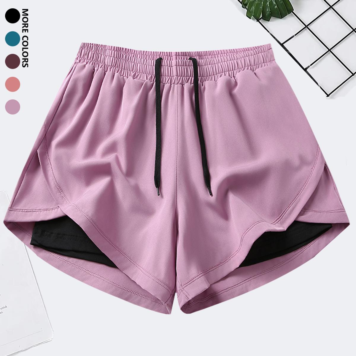 Women’s casual sports yoga shorts with elastic waistband and quick-dry fabric; suitable for running and gym workouts. Women’s athletic shorts/casual shorts/fitness shorts; faux two-piece running shorts; women’s gym training pants; anti-exposure women’s sh