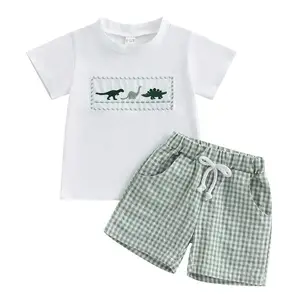 Toddler Baby Boy Clothes Dinosaur Embroidery Short Sleeve T-Shirts Boy Plaid Shorts Cute Infant Boy Outfit Summer Clothing Set