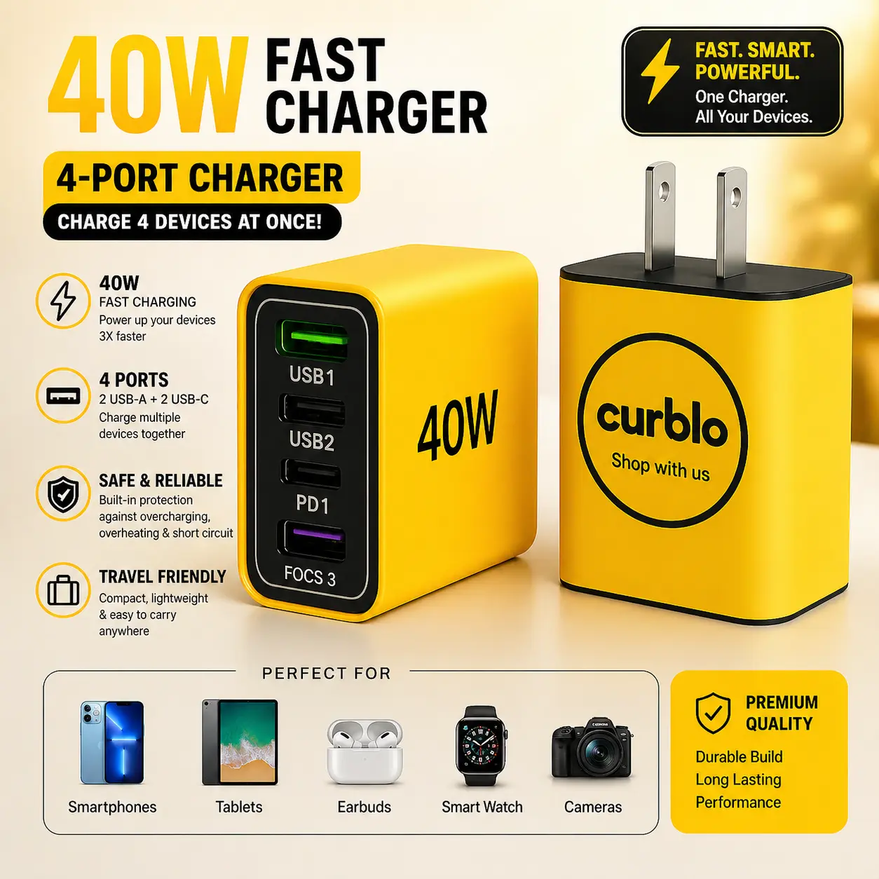 40W 4-Port USB-C Double PD Phone Charger - High-Standard Fireproof PC Portable Wall Plug Adapter with Protection for Super Fast Charging of iPhones, Cellphones & Electronic Devices