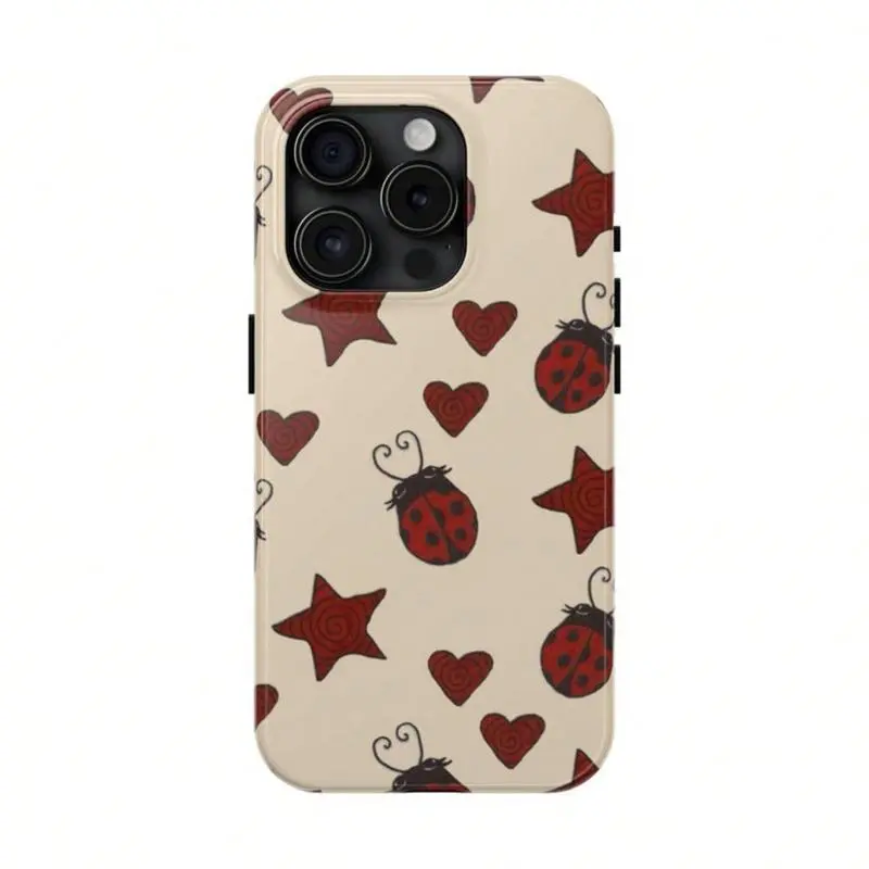 Cute Y2K Red Ladybug, Stars & Hearts Pattern Yellow Shockproof Cellphone Casing, Protective Accessories for iPhone 11/12/13/14/15/16/17 & Pro/Pro Max/Plus Devices