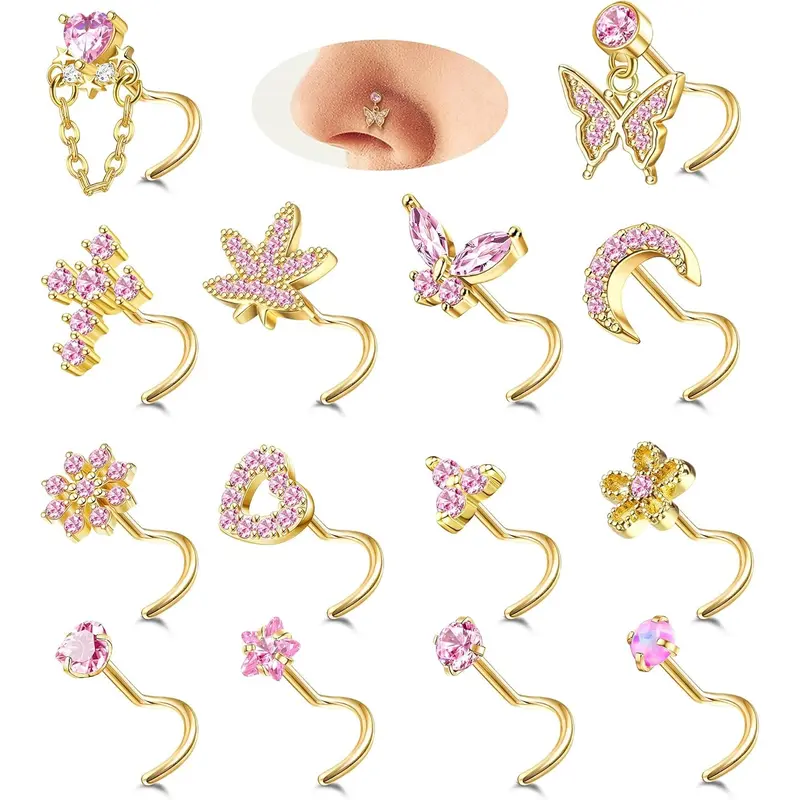 Charm Cute Summer Glow Dainty Nose Piercing Jewelry 20G L-Shaped Corkscrew Studs with Pink CZ Opal, Heart/Star/Butterfly/Moon Charms Cubic Zirconia, Body Jewelry, Accessories For Women, Nose Stud