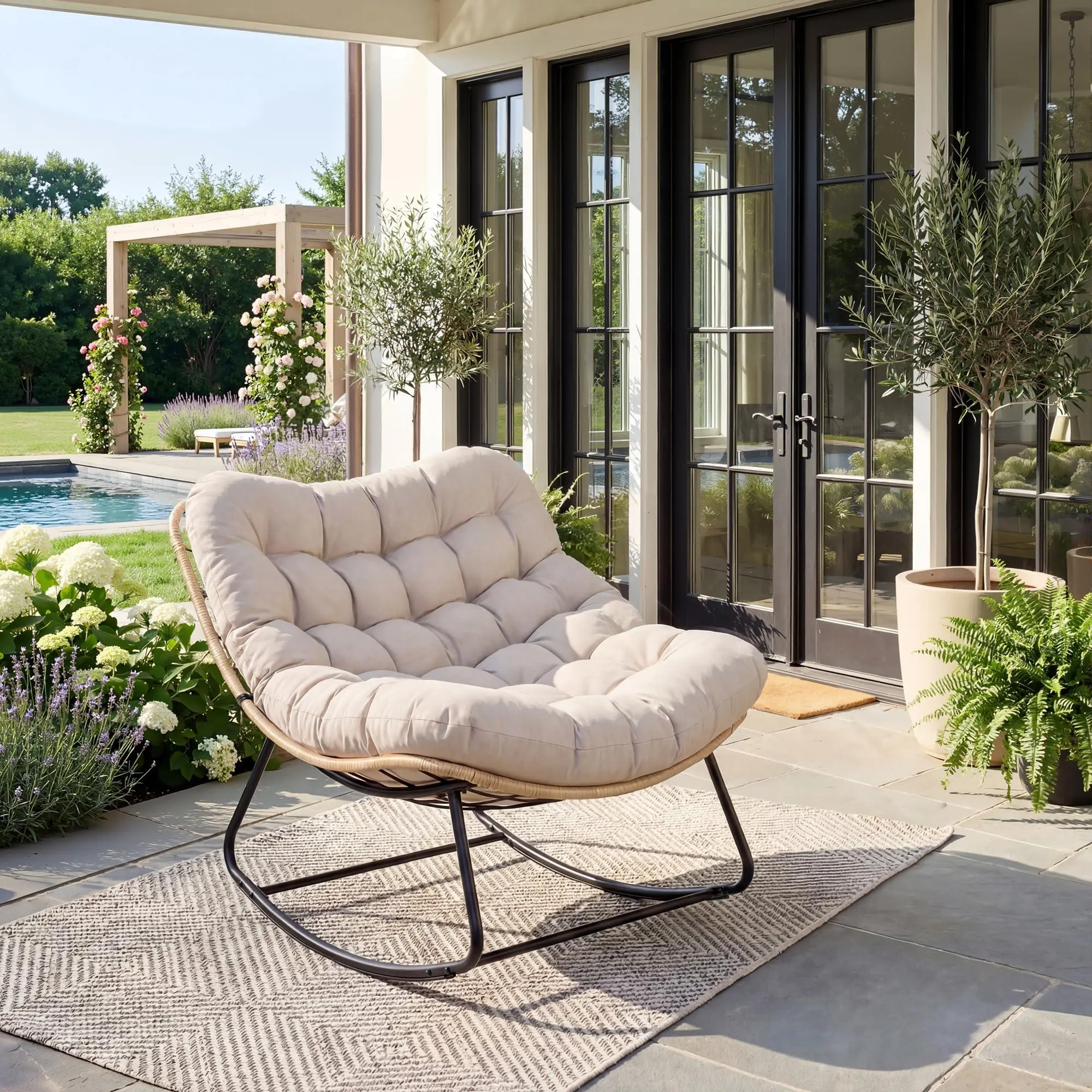 GARVEE Heavy Duty Patio Rocking Chair, Single Arc Leg, 450 lbs Capacity, Thick Water-Resistant Cushion, Metal Frame, Indoor/Outdoor Use, Yellow Rattan with Grey Cushion, Single Person Arc Foot